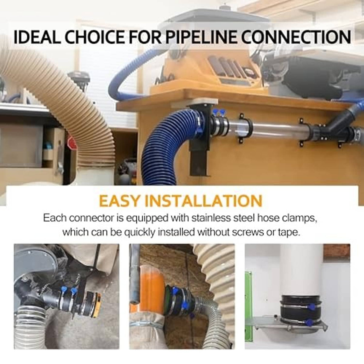 Stainless-steel hose clamp connectors securing dust duct tubing on a woodshop tool