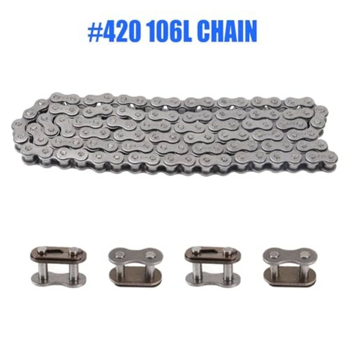 Silver roller drive chain with four metal sprocket link plates and attachment pins, 106L