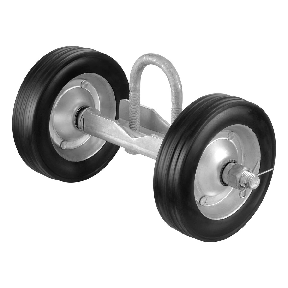 Sliding gate roller kit with two black caster wheels and galvanized steel yoke frame