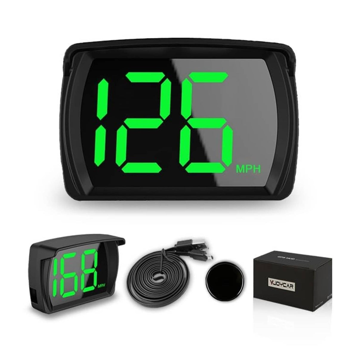 Black GPS HUD speedometer with green MPH digits and protective front frame