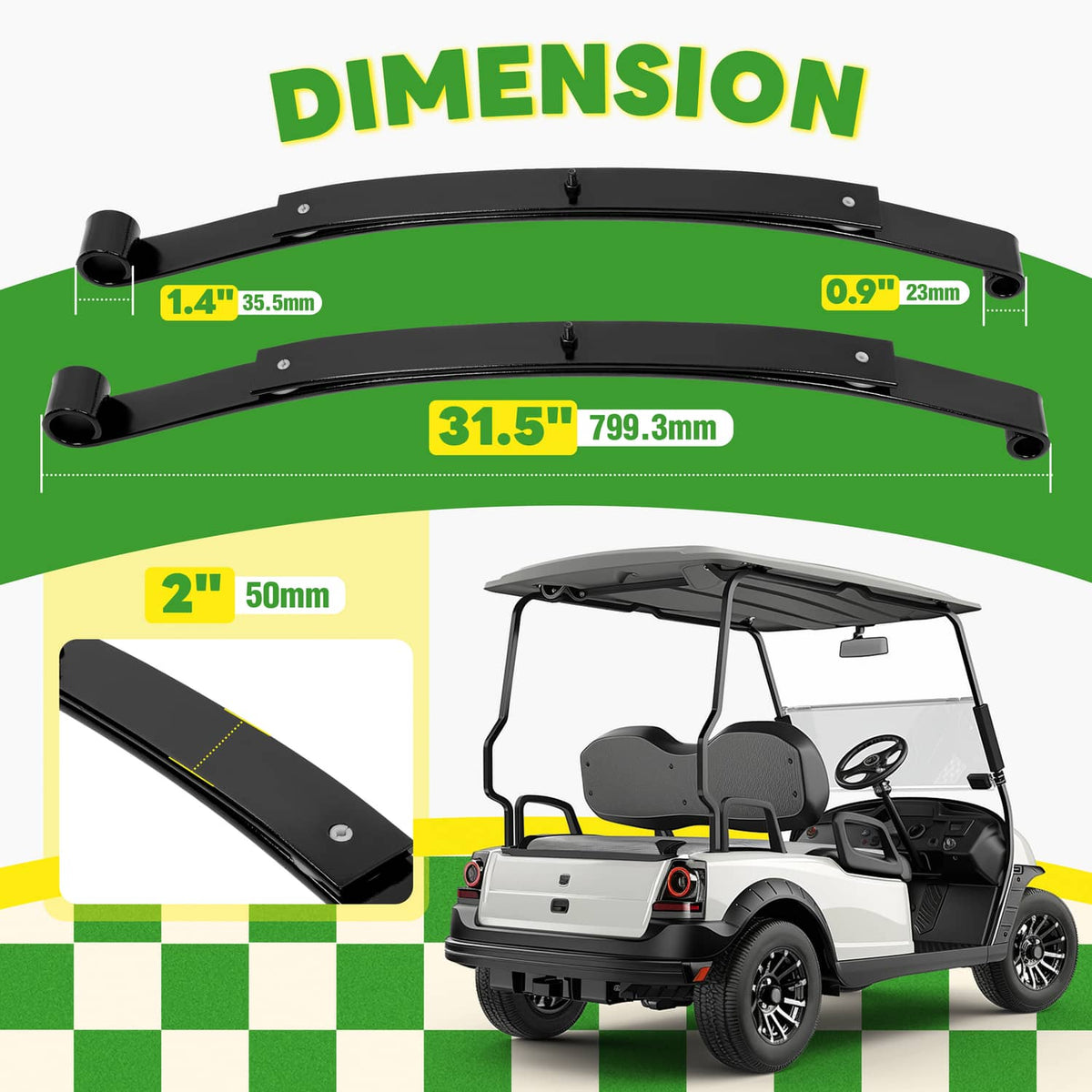 Two black rear leaf springs with mounting bushings and centered support holes
