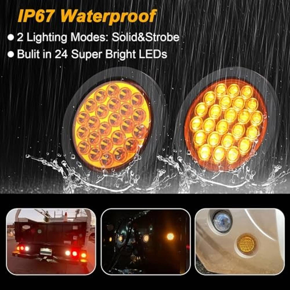 Two round amber LED strobe lights, black housing, one lit solid and one flashing