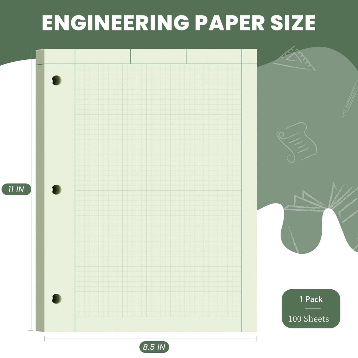 Green 8.5x11 engineering graph paper pad with top binding and ruled grid