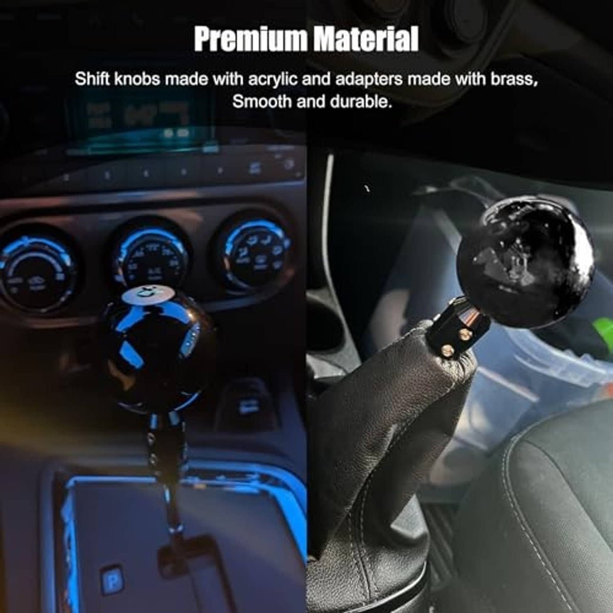 Installed black 8-ball gear shift knob on a car shift lever with leather boot