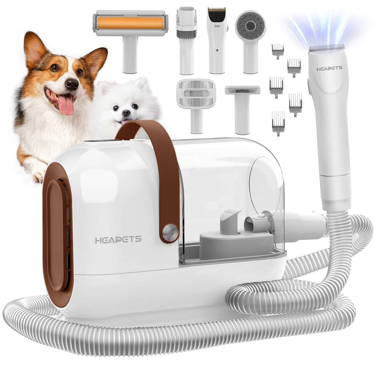 HEAPETS dog grooming vacuum kit with white main unit, hose, and multiple attachment tools