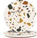 Ceramic car coasters, two-pack, round stoneware with speckled green and brown terrazzo pattern