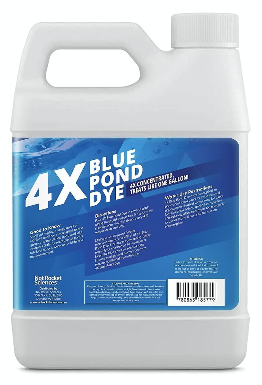 Blue pond dye concentrate jug back label with instructions and barcode.