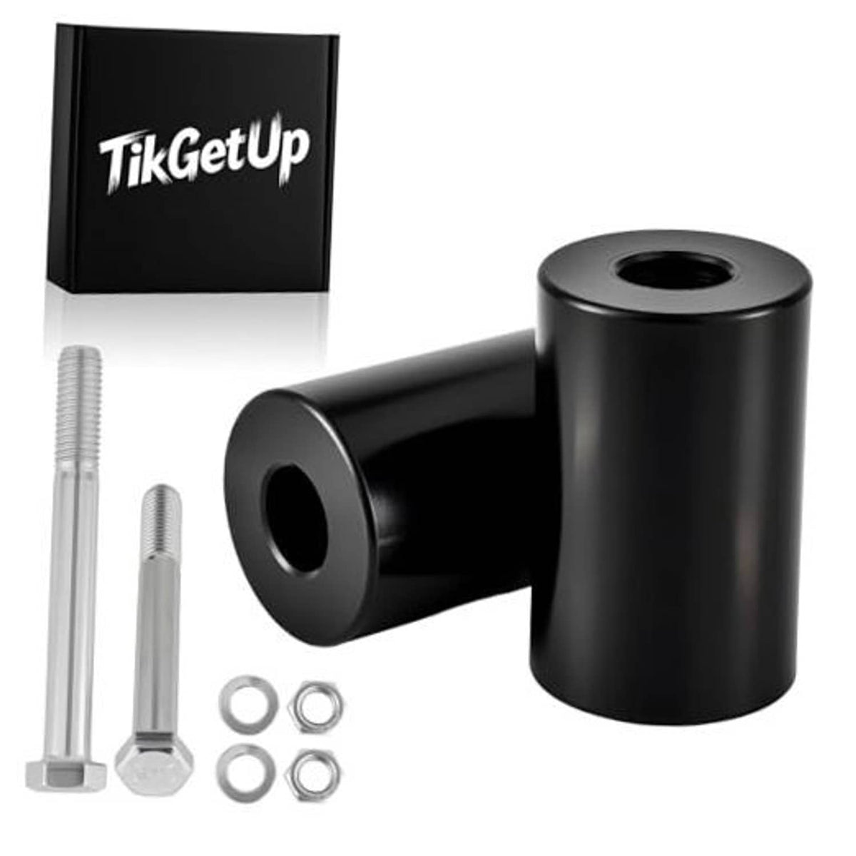 Black handlebar riser extension set with two cylindrical spacers and mounting hardware