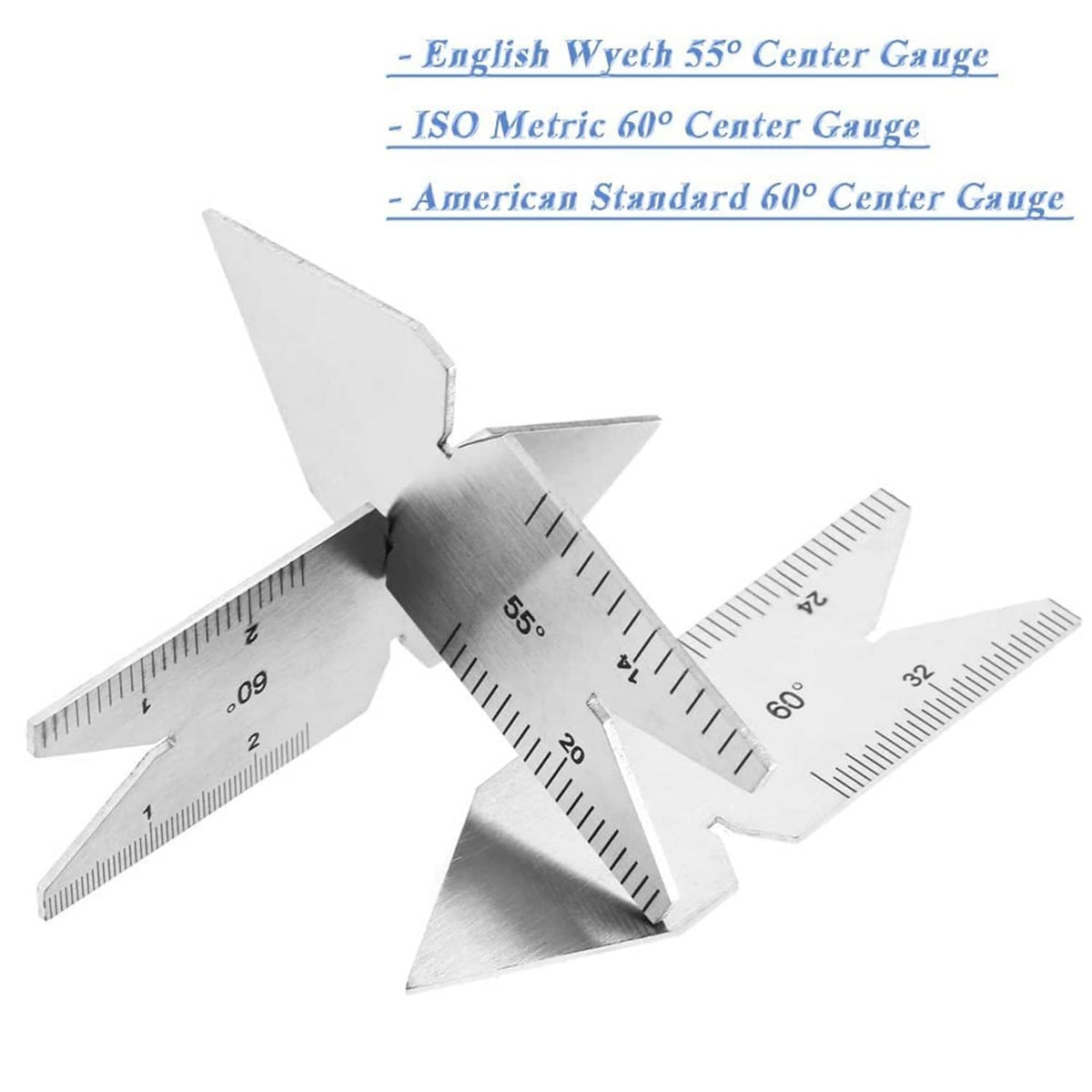 Thread pitch gauge for English, ISO metric, and American standards with four angle scales