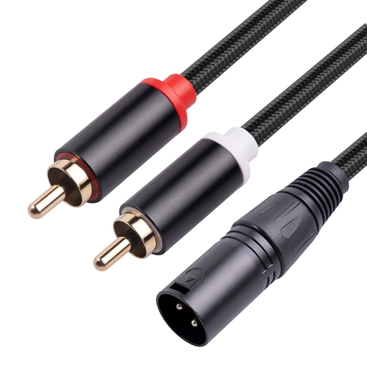 Dual RCA to XLR male patch cable ends: gold-plated RCA plugs and 3-pin XLR male