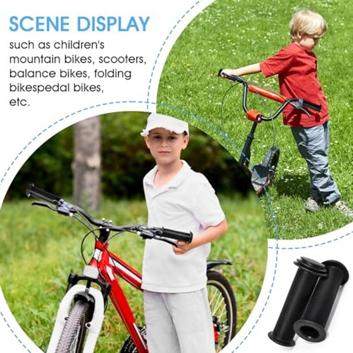 Black ribbed handlebar grips for small bikes, with end plug pair