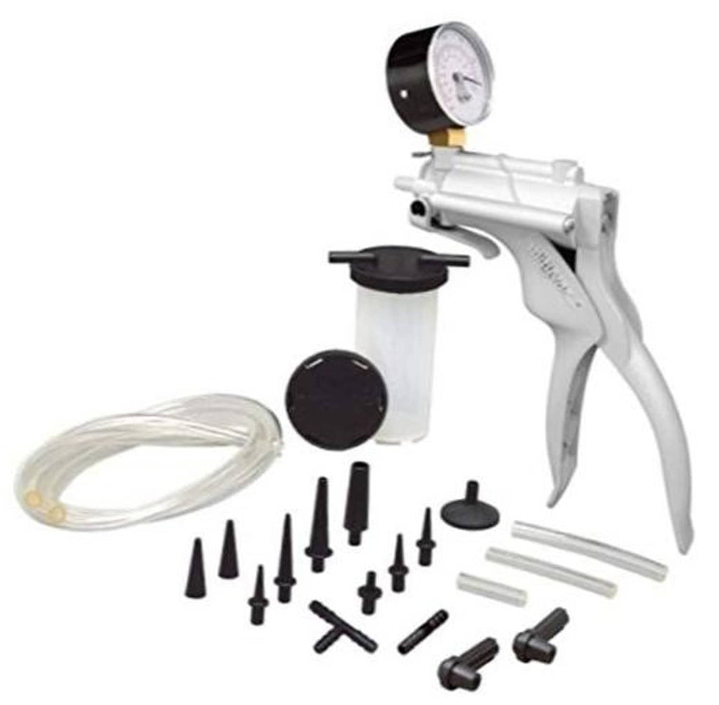 Hand brake bleeder pump kit with pressure gauge, tubes, and multiple black fittings