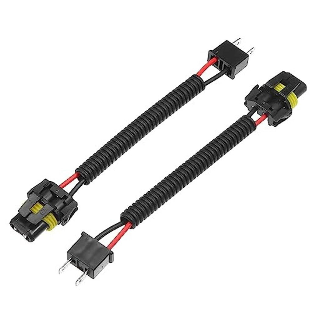 Headlight and fog light extension wire harness pair with black corrugated cables and yellow details