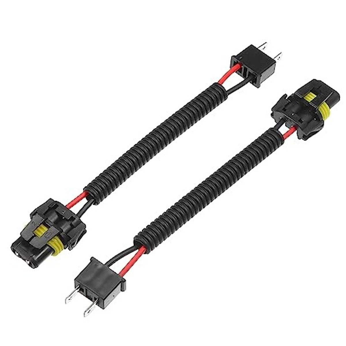Headlight and fog light extension wire harness pair with black corrugated cables and yellow details
