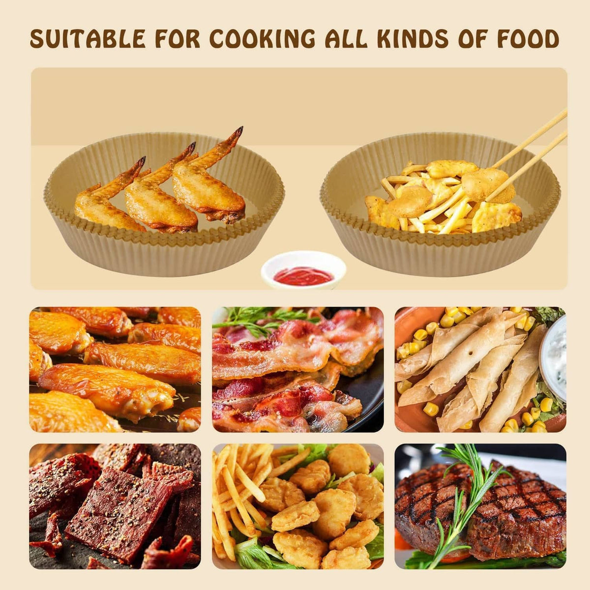Round disposable air fryer paper liners for cooking assorted foods