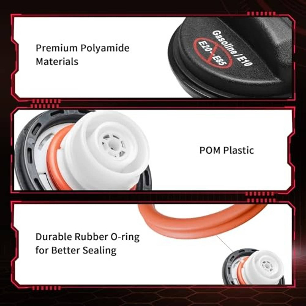 Fuel tank gas cap with seal components, showing POM plastic insert and rubber O-ring