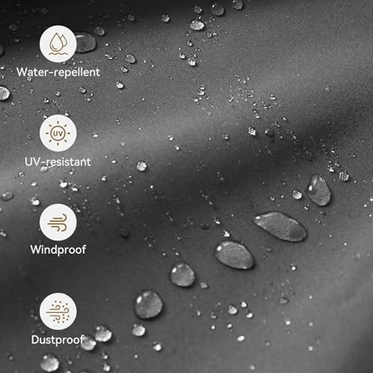 Grey umbrella cover fabric with water droplets on textured surface