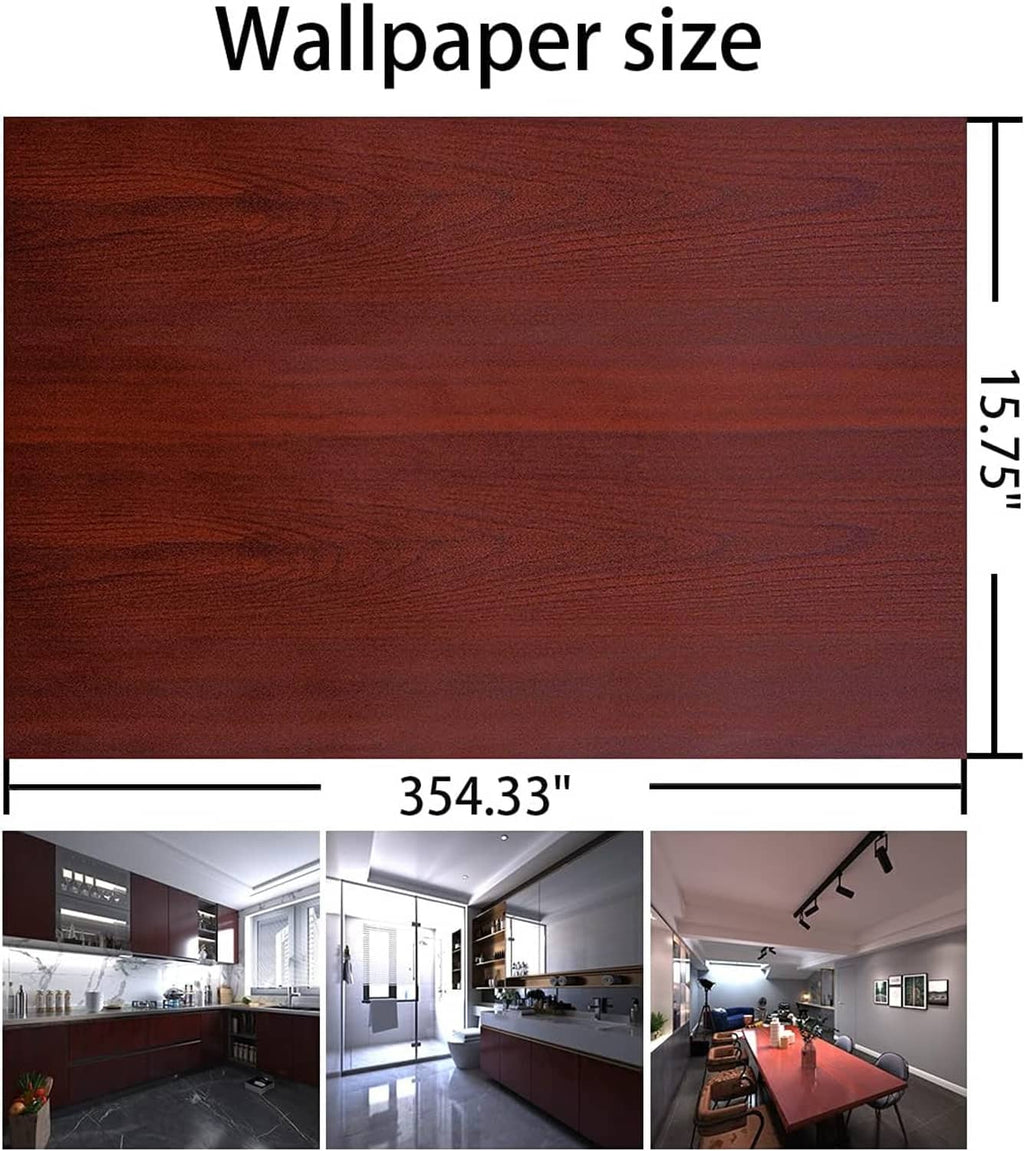 Red-brown cherry wood contact paper size chart with woodgrain panel and border lines