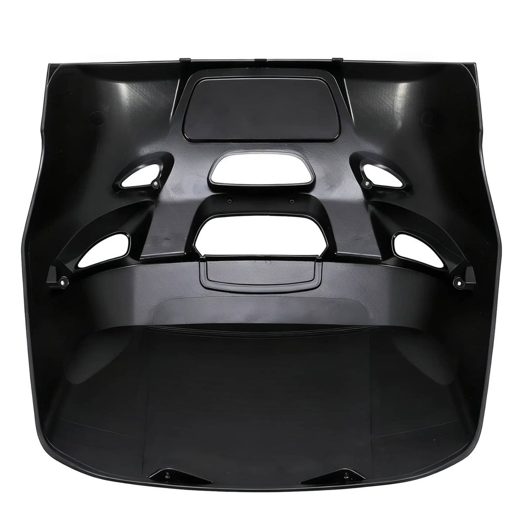 Black ABS outboard top cowling air dam cap with multiple side openings, underside view