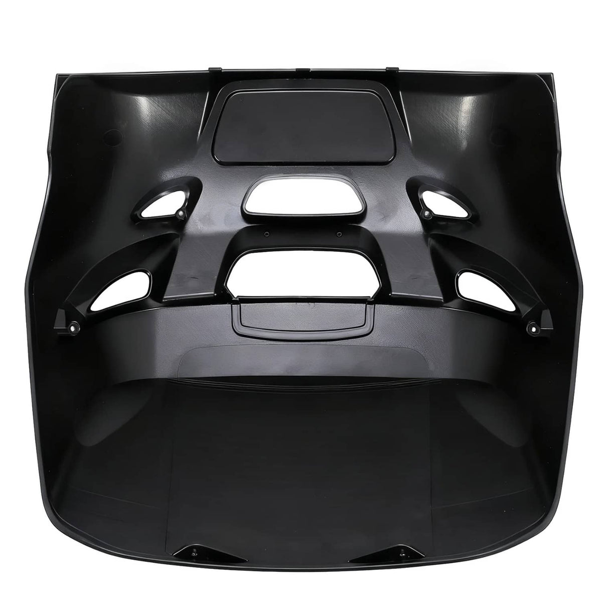 Black ABS outboard top cowling air dam cap with multiple side openings, underside view