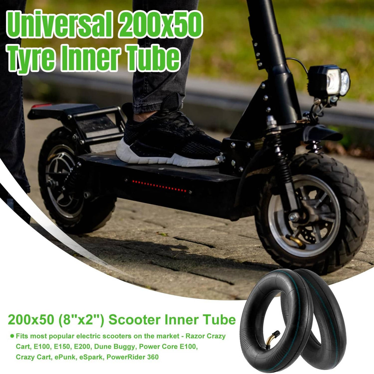 Black universal 200x50 scooter tire inner tube with bent valve stem