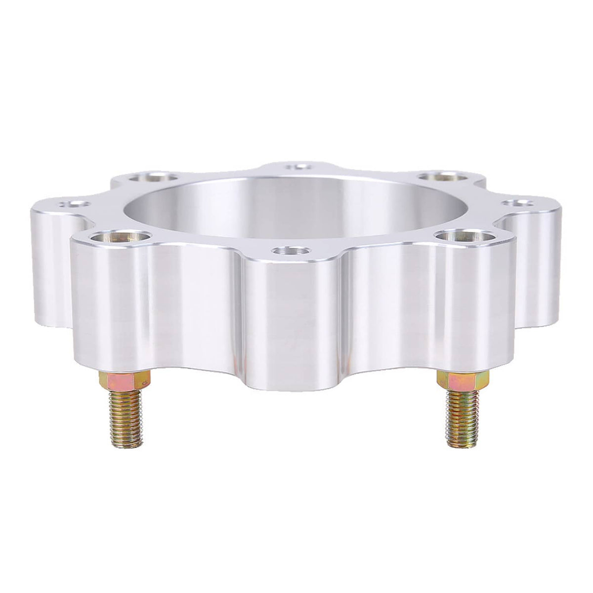 Wheel spacer block with silver machined finish and four threaded mounting studs
