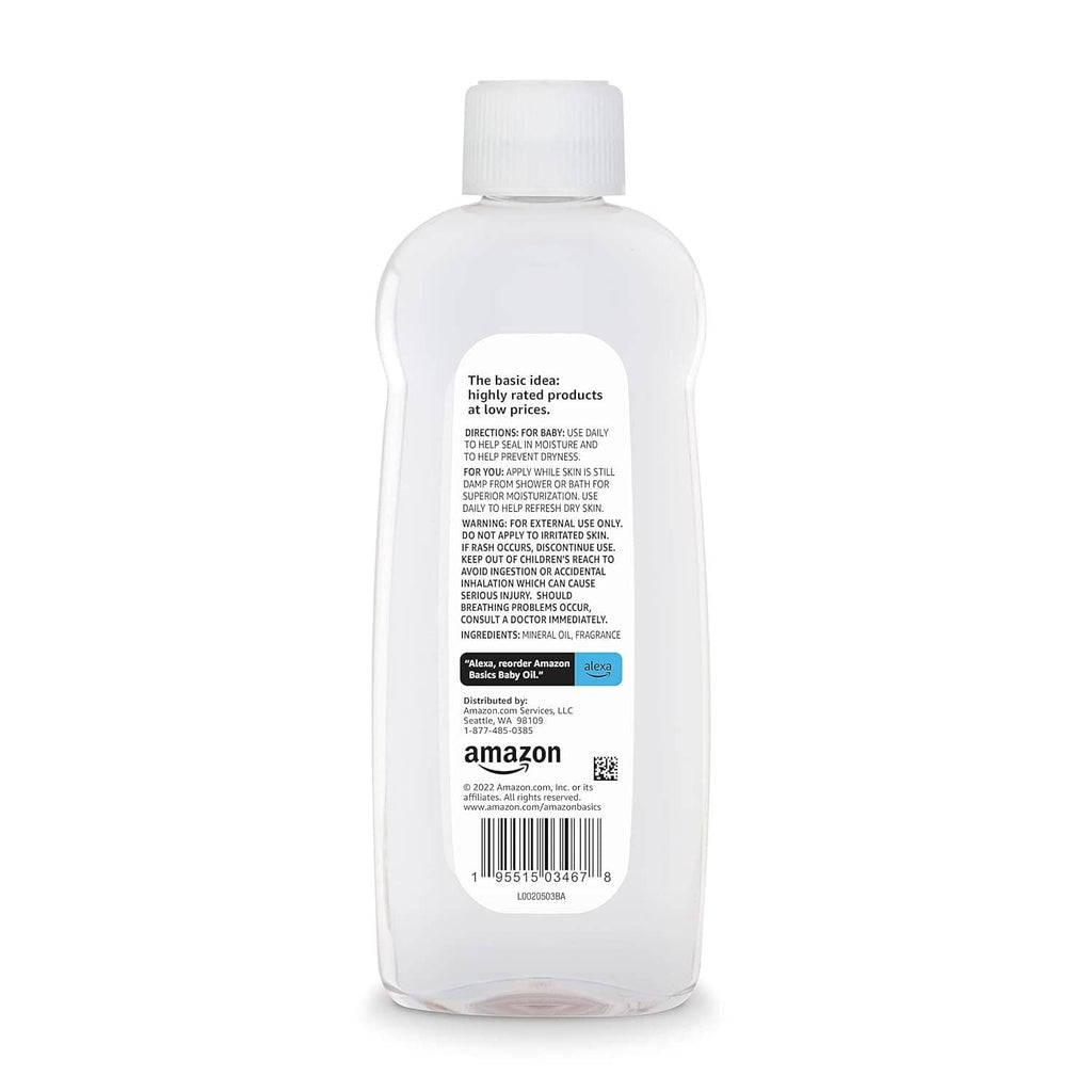 Baby oil bottle, back label view on white plastic with screw cap, 14 fl oz (414 ml)