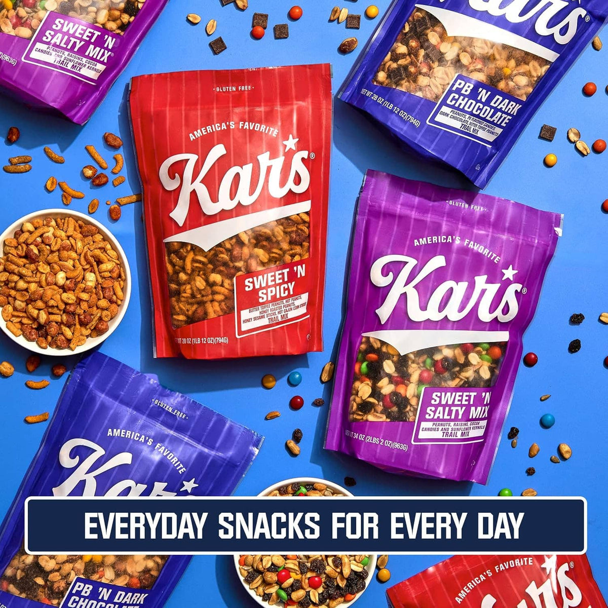Kar’S trail mix snack display featuring Sweet ‘N Salty Deluxe pouches