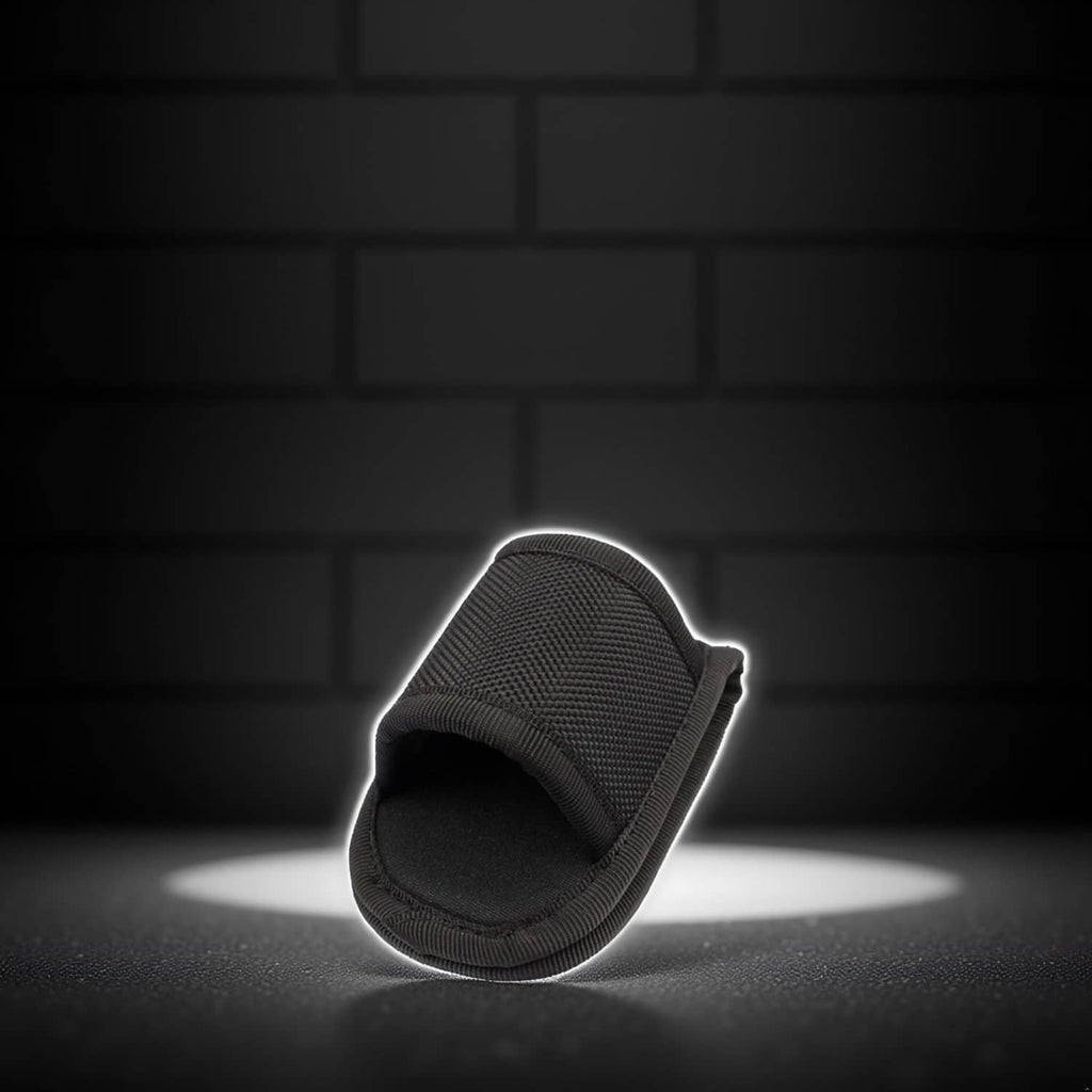 Open-top black flashlight holder pouch with curved opening and stitched edge.