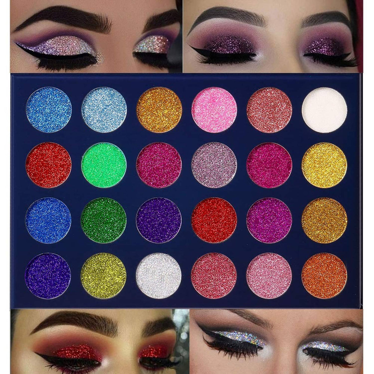 Multicolor pressed glitter eyeshadow palette with multiple eye makeup looks, sparkly shades
