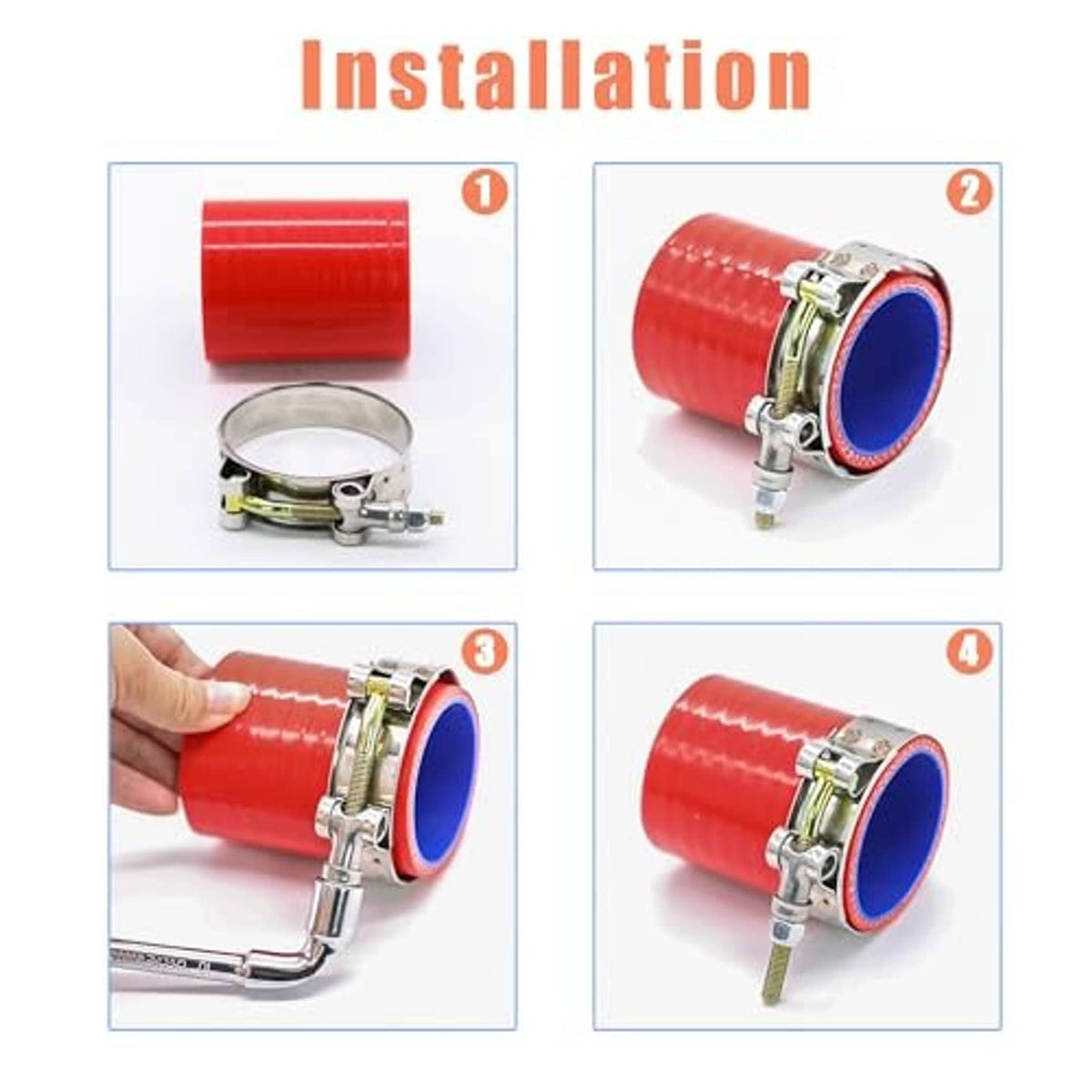 T-bolt hose clamps securing a red hose, step-by-step installation shown