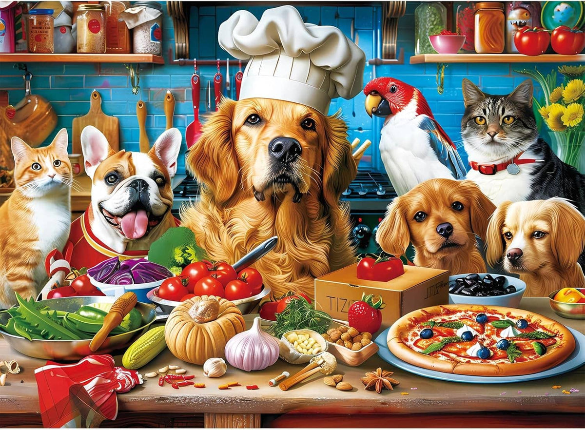 500-piece puzzle print showing multiple dogs, a pizza, and kitchen props