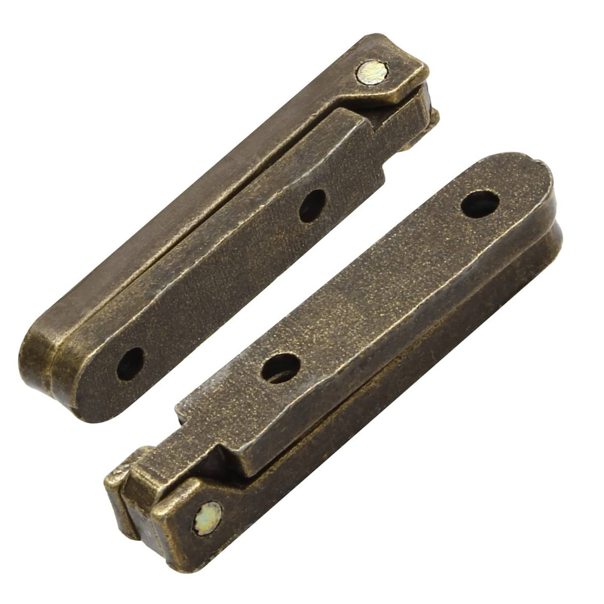 Bronze 90-degree jewelry box hinge pair with mounting holes and small pin