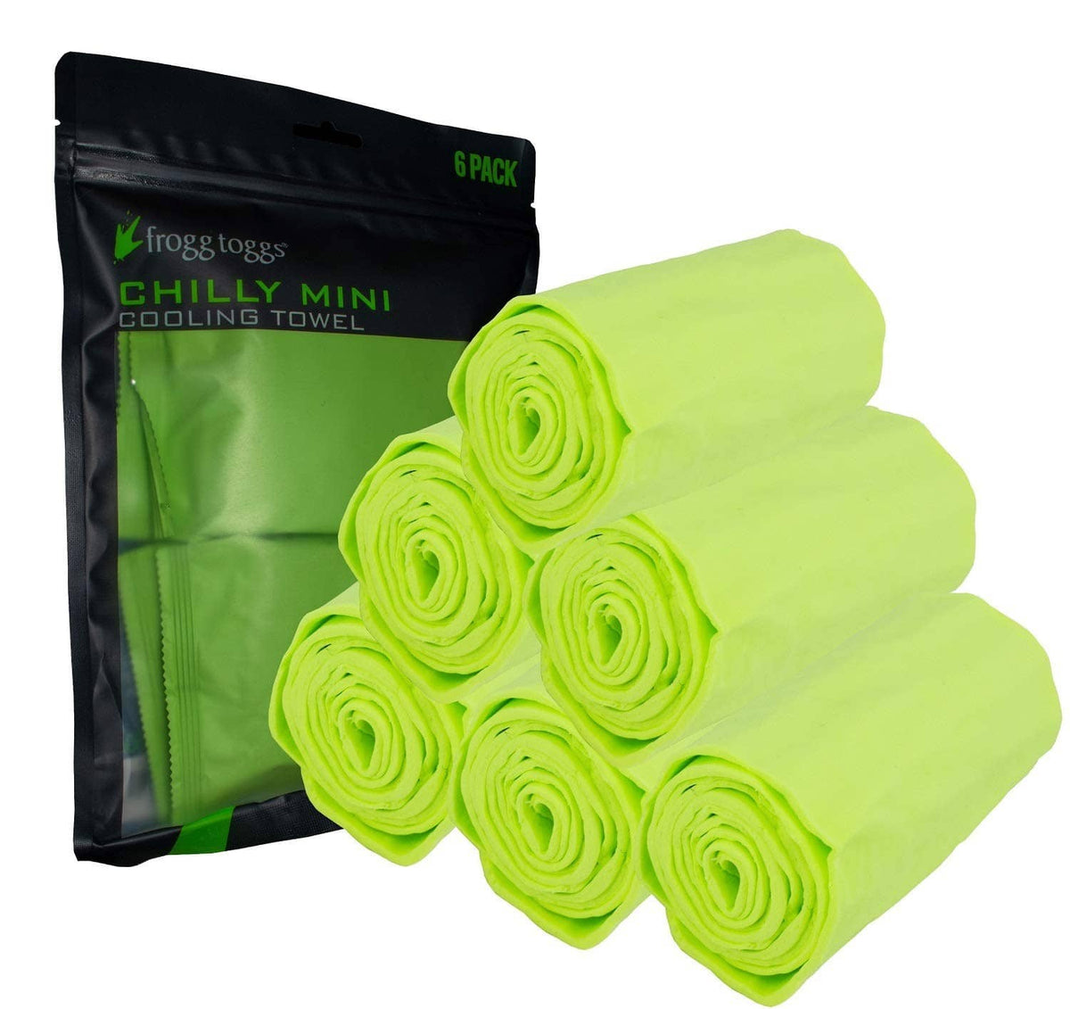 Lime cooling towels rolled up with 6-pack pouch, Chilly Mini design