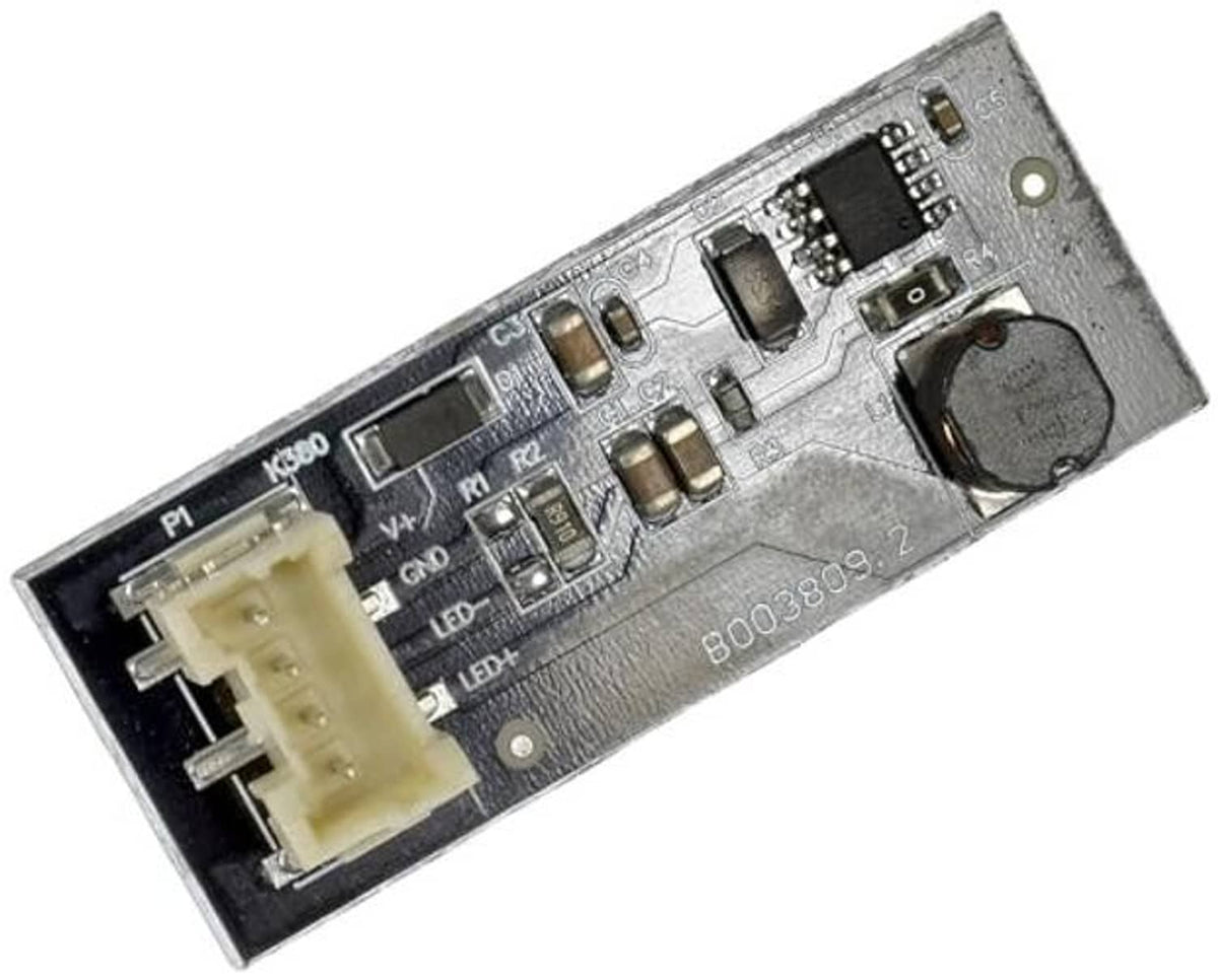 LED tail light control PCB with round capacitor, resistors, and B003809.2 label