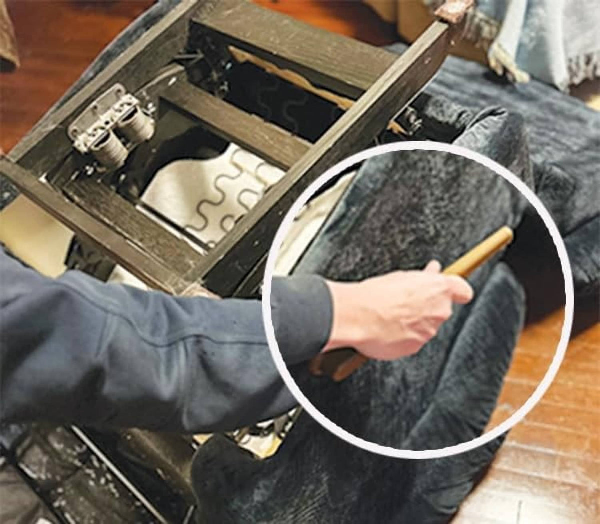 SagsAway DIY recliner repair kit pads being inserted into a recliner frame