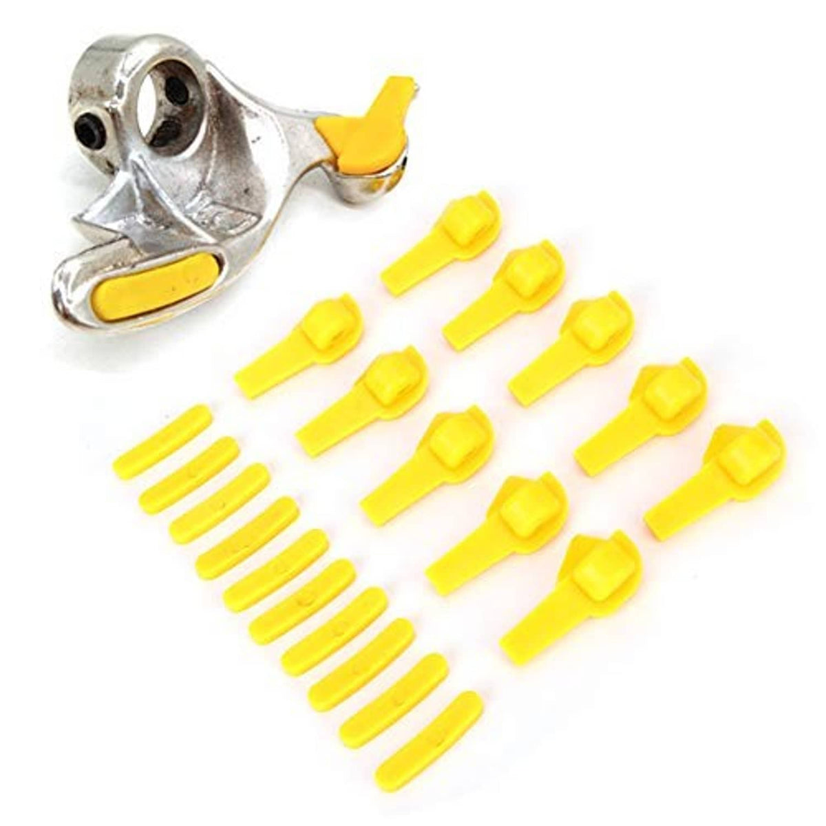 Yellow plastic duckbill rim protector inserts with wheel protector detail