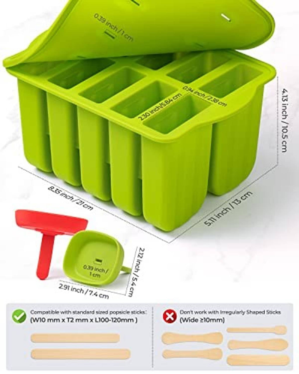 Green 10-cavity silicone popsicle mold with lid and six holders, open top view