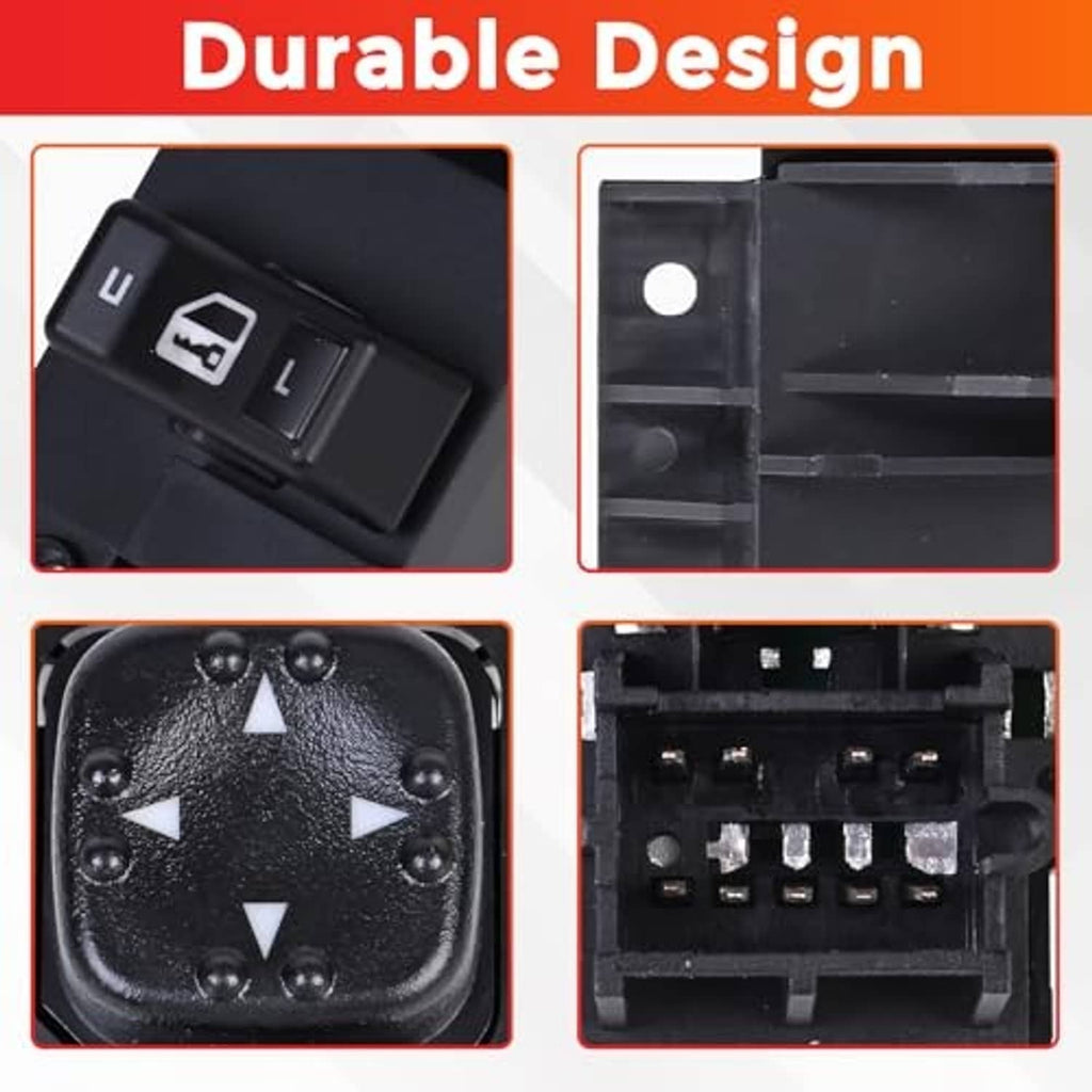 Durable power window switch design with button close-up and internal connector view.