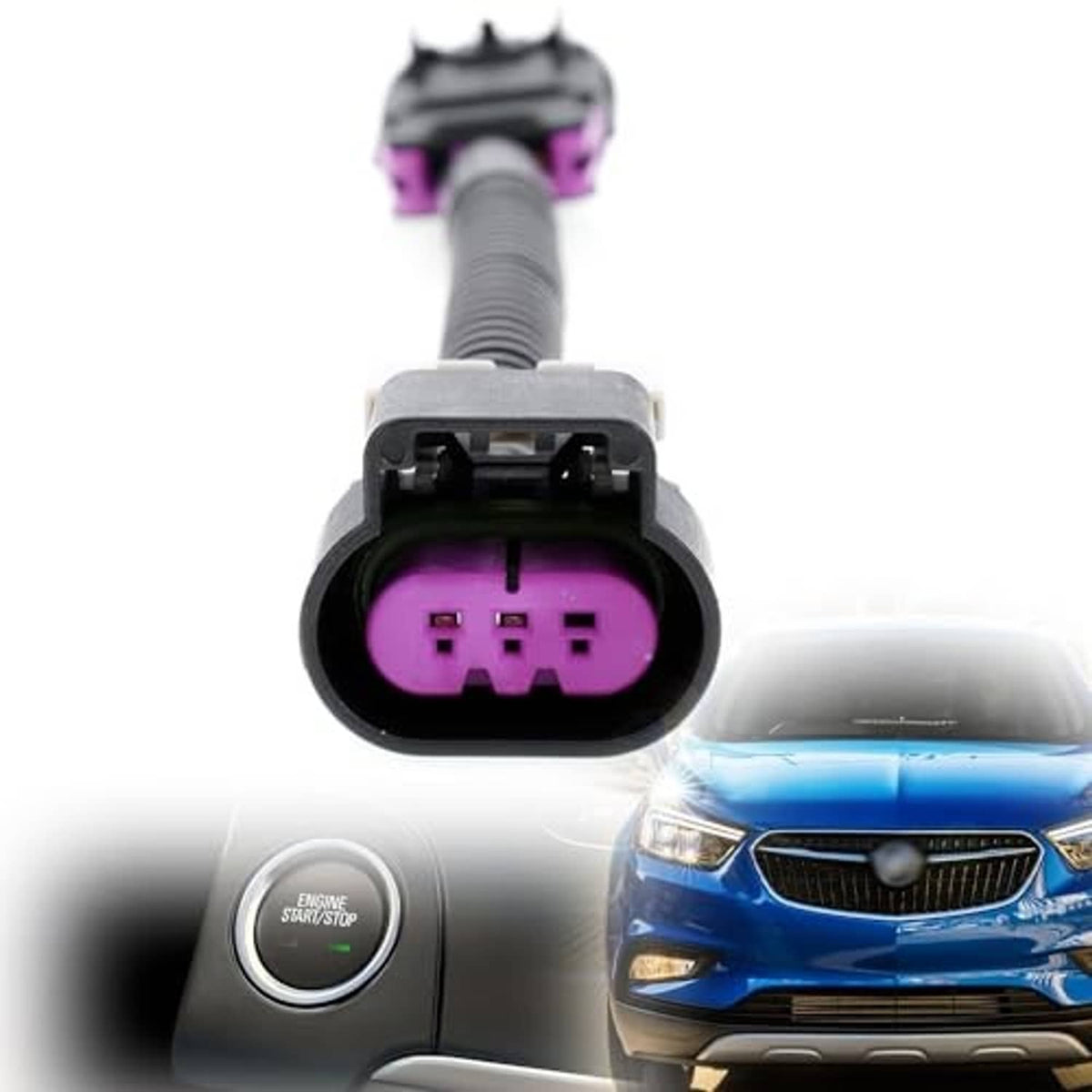 Auto start stop disabler harness connector with purple interior and black plug body