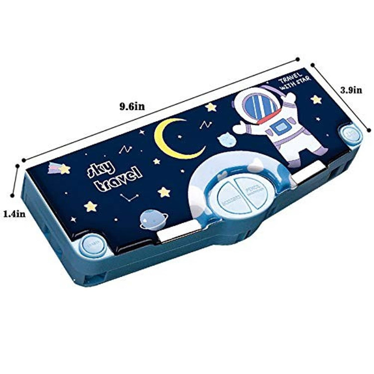 Dark navy space pencil box with blue edges and two compartments