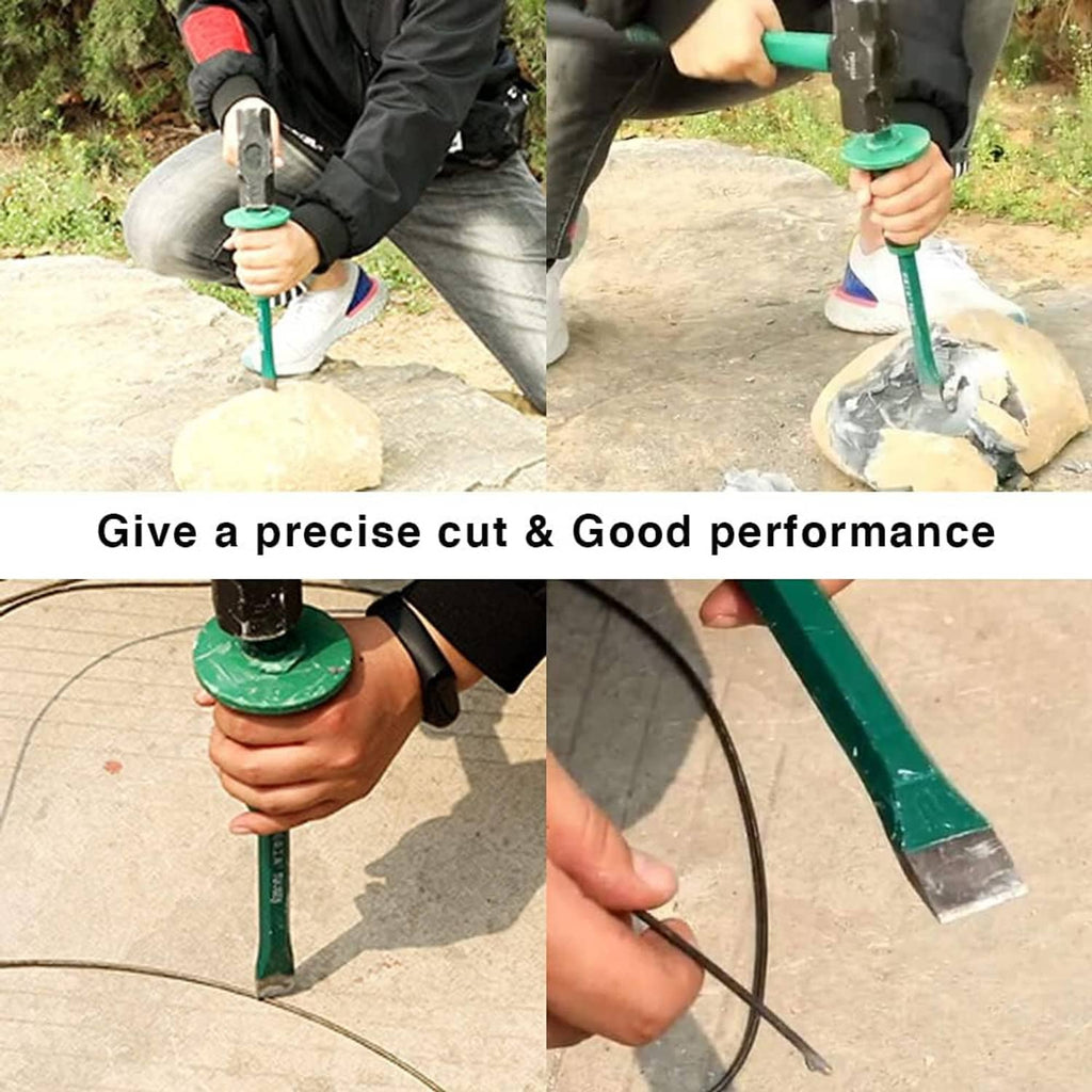 Masonry chisel with hand guard used on concrete, teal tool held by gloved hands