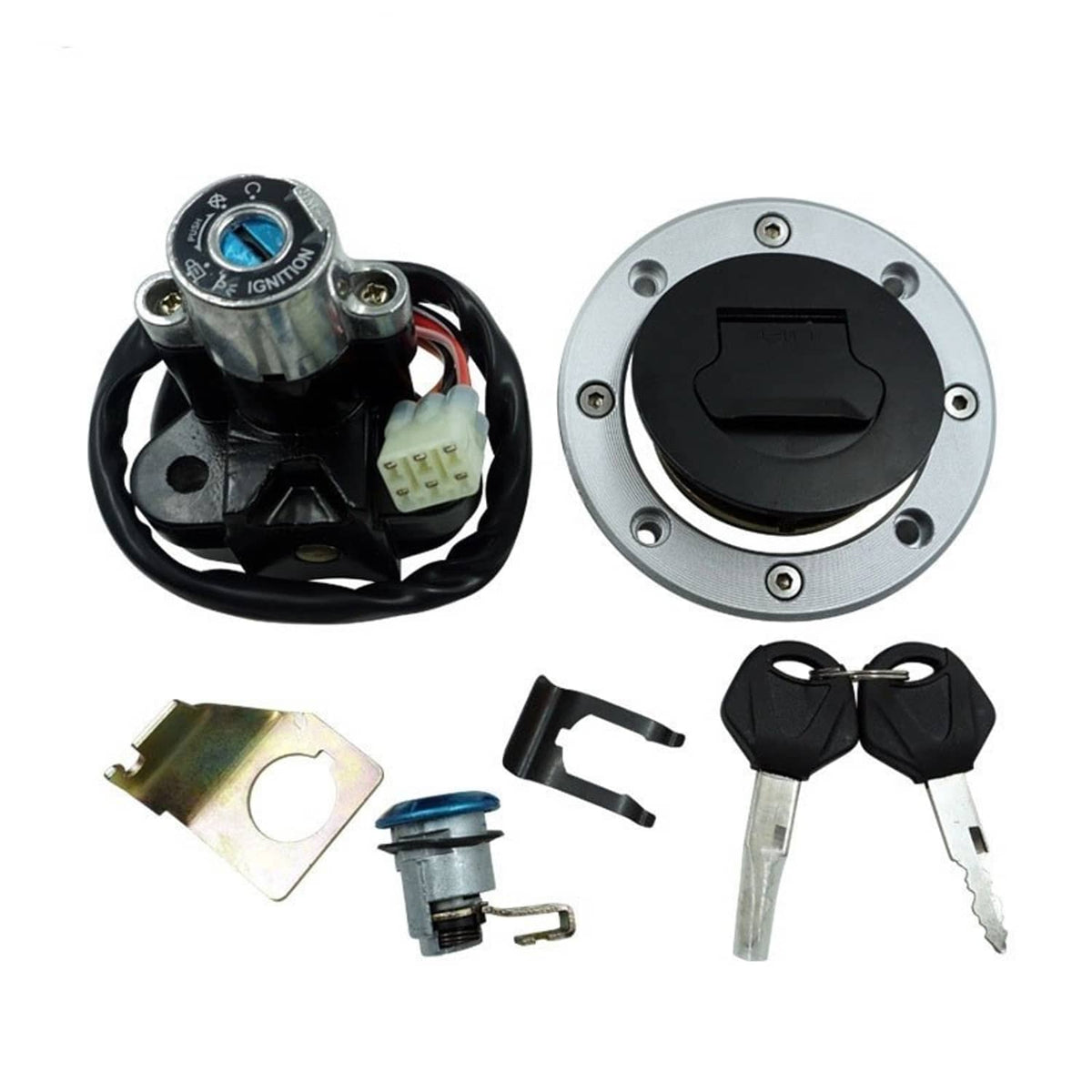 Ignition switch and fuel gas cap set with keys, wiring connector, and mounting ring