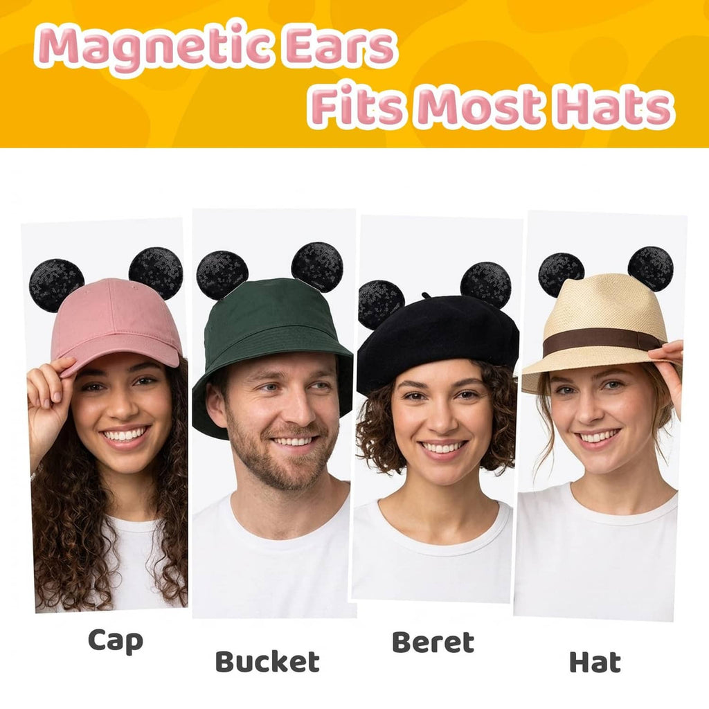 Magnetic mouse-ear topper shown on cap, bucket, beret, and hat styles.