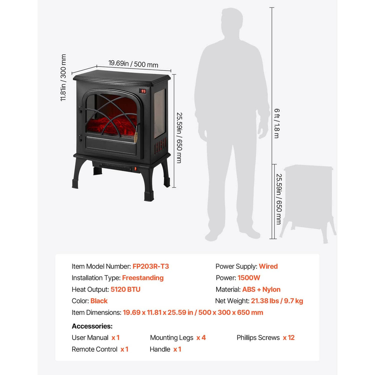 Black electric fireplace heater with arched glass front and glowing red flames, front view