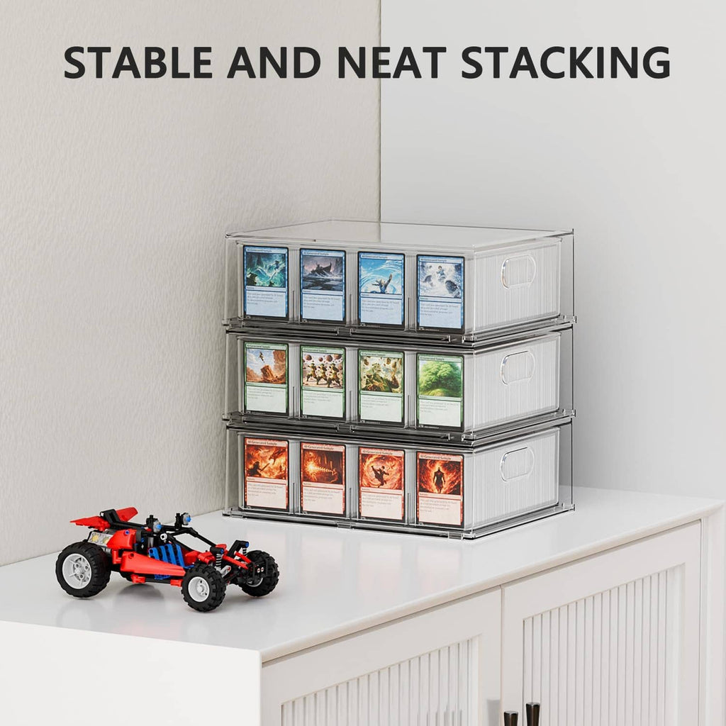 Stacked clear trading card storage boxes with side handles on a shelf