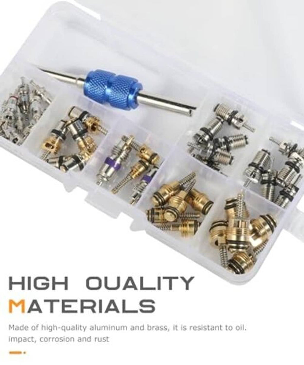 AC valve core kit in open case with brass cores and silver components