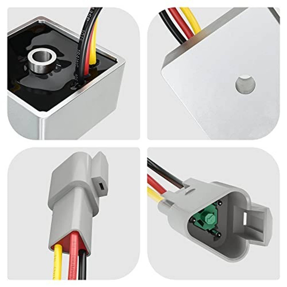 Voltage regulator connector and wiring detail in gray aluminum housing with colored leads