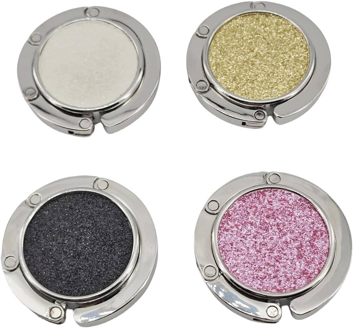 4-pack foldable purse hooks with round glitter pads: light gray, gold, charcoal, pink.