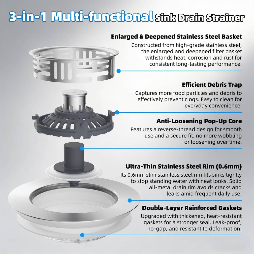 3-in-1 kitchen sink drain strainer with deep stainless basket and pop-up core